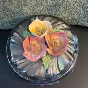 Black Luster Covered Bowl with Ceramic Flowers on Top MCM